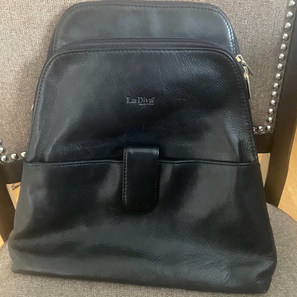 La Diva black leather convertable backpack/ crossbody bag